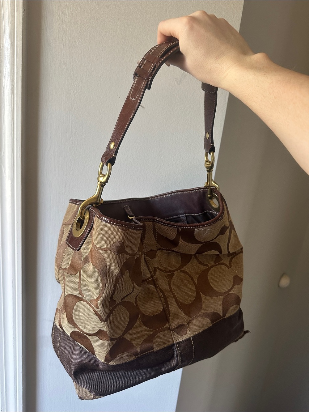 Coach Brown Signature Canvas Shoulder Bag with Dark Brown Trim